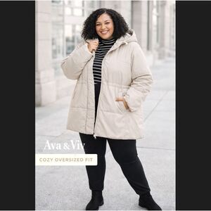 Ava & Viv Puffer Jacket 2X Taupe Hooded Full Zip Buttons Mid Length Winter Coat